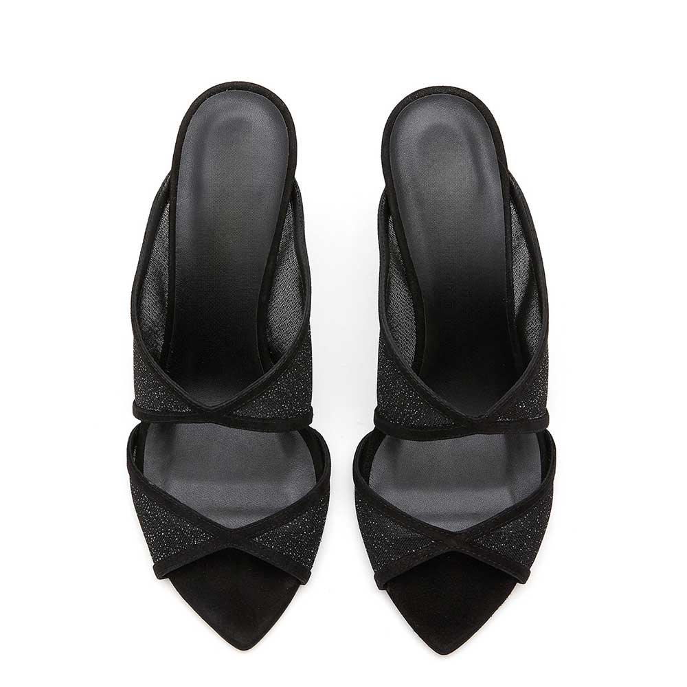 Black Mesh Evening Shoes Open Toe Stiletto Heel Mules for Women