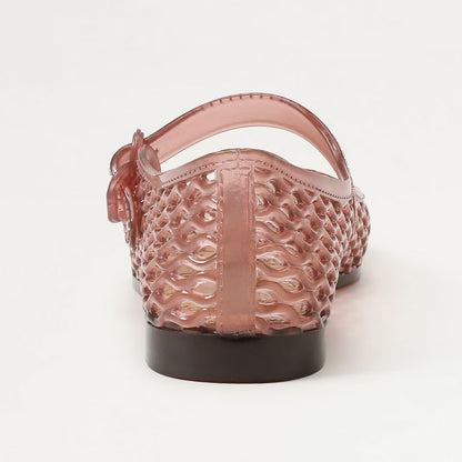 Pink Hollow Out PVC Square Toe Buckle Strap Jelly Mary Jane Flats