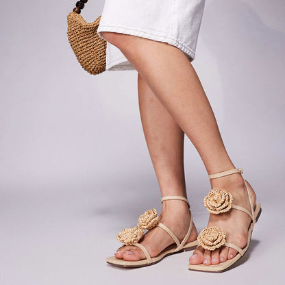 Beige Raffia Woven Open Square Toe Flower Strappy Flat Women Sandals