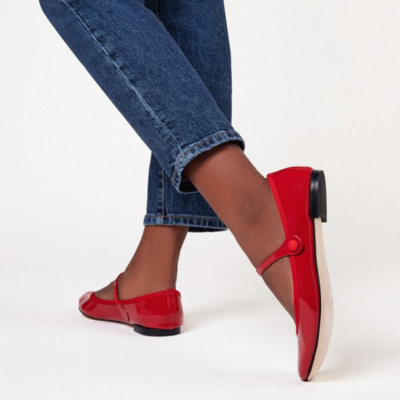 Red Round Toe Patent Leather Flats Mary Jane Shoes for Women