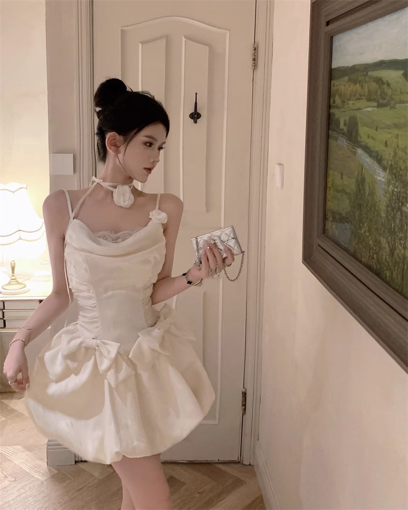 Vintage Beige Pleated Bow Design A-line Lace 3D Flower Spaghetti Strap Homecoming Dress TP3716