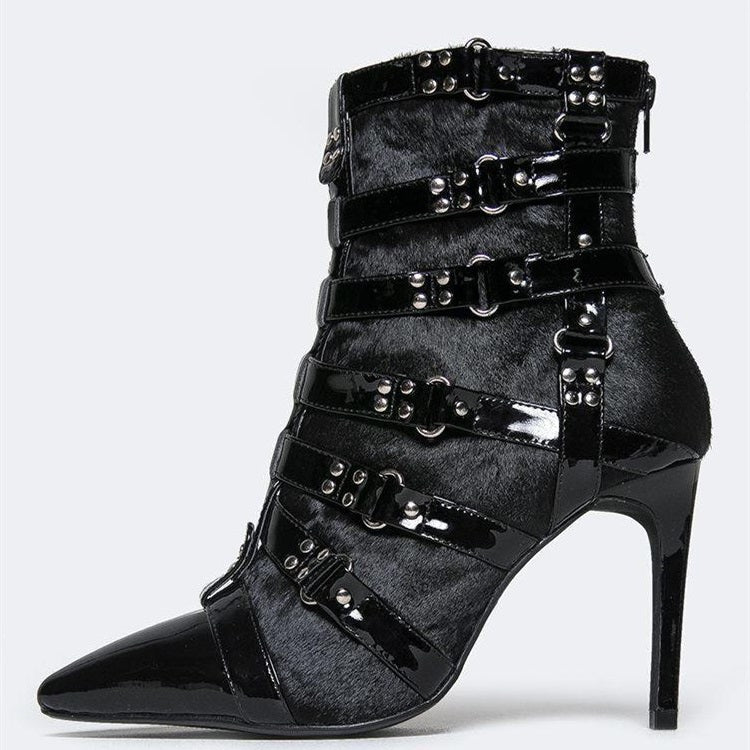 Black Faux Fur Patchwork Buckle Strap Studded Heeled Ankle Boots