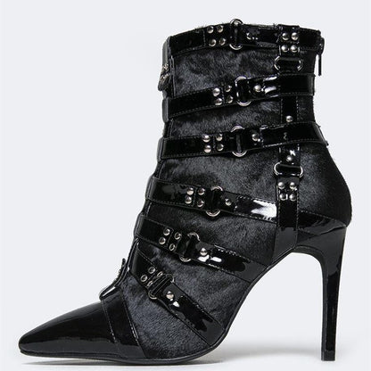 Black Faux Fur Patchwork Buckle Strap Studded Heeled Ankle Boots