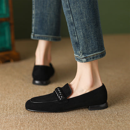 Black Vegan Suede Square Toe Chunky Heel Chain Loafers