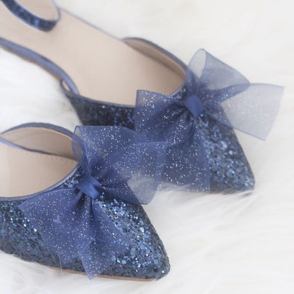 Navy Glitter Evening Shoes Ankle Strap Mesh Bow Pointed Toe Flats