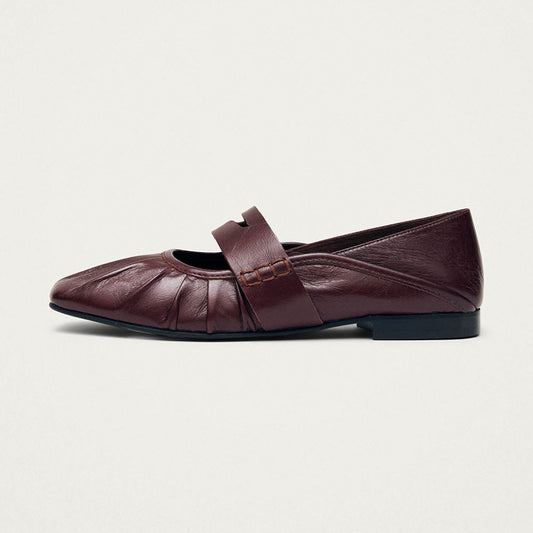 Vegan Leather Square Toe Mary Jane Maroon Ballet Flats with a Strap