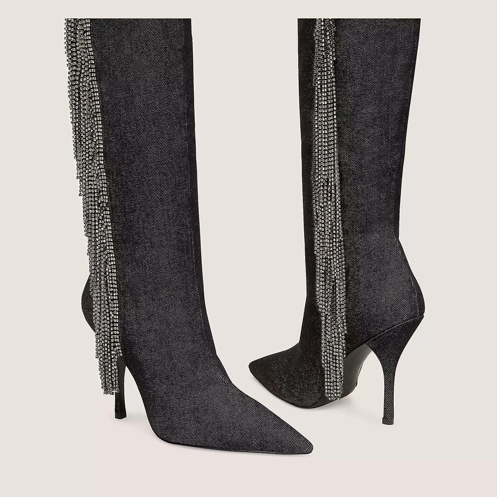 Pointed Toe Zip Rhinestone Fringe Knee High Boots in Dark Grey