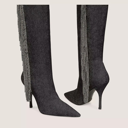 Pointed Toe Zip Rhinestone Fringe Knee High Boots in Dark Grey