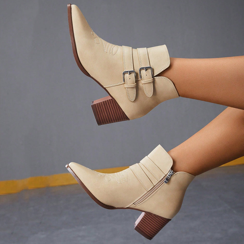 Beige Pointed Toe Chunky Heel Ankle Boots with Buckle