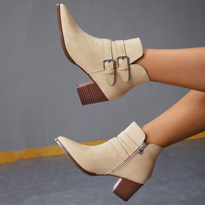 Beige Pointed Toe Chunky Heel Ankle Boots with Buckle