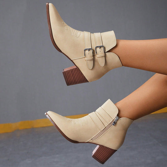Beige Pointed Toe Chunky Heel Ankle Boots with Buckle