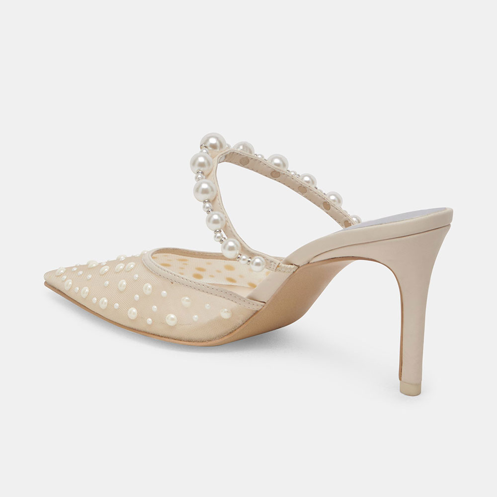 Beige Mesh Pointed Toe Pearl Embellished Wedding Shoes Mule Heels