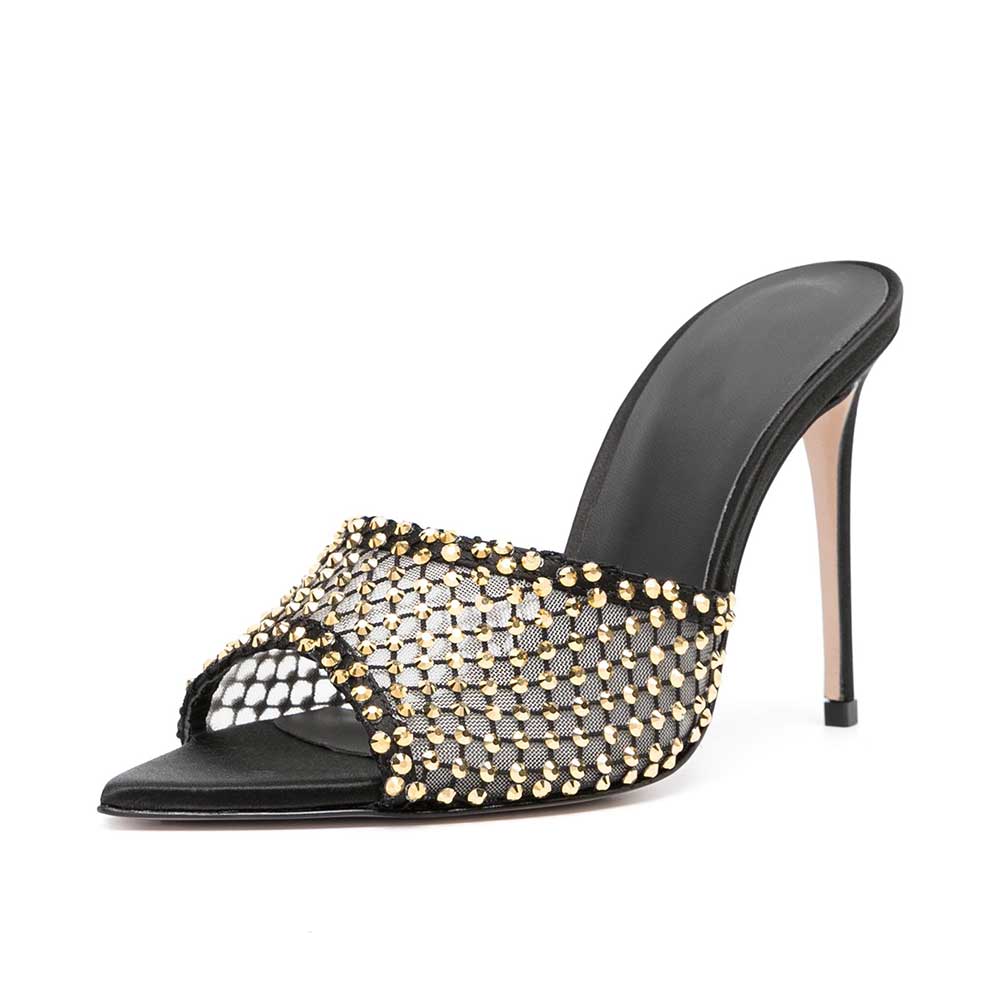 Black Mesh Pointy Toe Gold Rhinestone Inlay High Heel Mules
