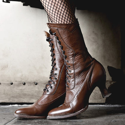 Brown Lace-Up Almond Toe Spool Heel Mid Calf Boots for Women
