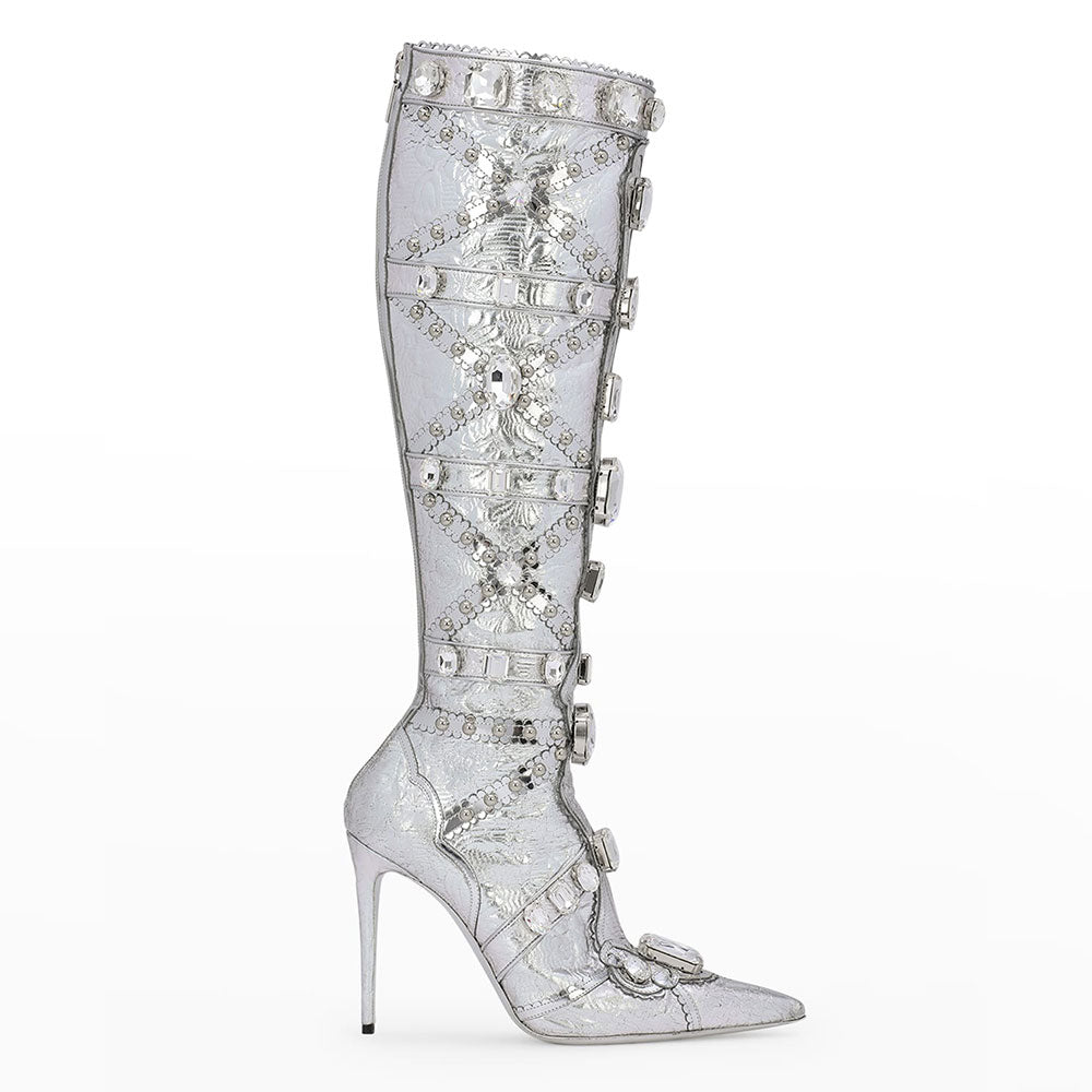Silver Metallic Rhinestone Embellished Stiletto Heel Knee High Boots
