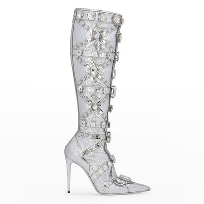 Silver Metallic Rhinestone Embellished Stiletto Heel Knee High Boots
