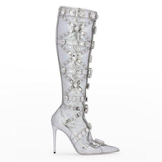 Silver Metallic Rhinestone Embellished Stiletto Heel Knee High Boots