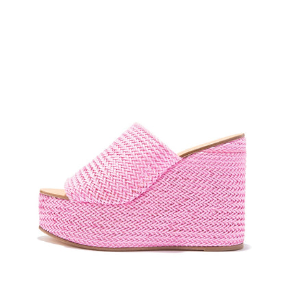 FSJ Pink Open Toe Woven Wedge Platform Mules Sandals