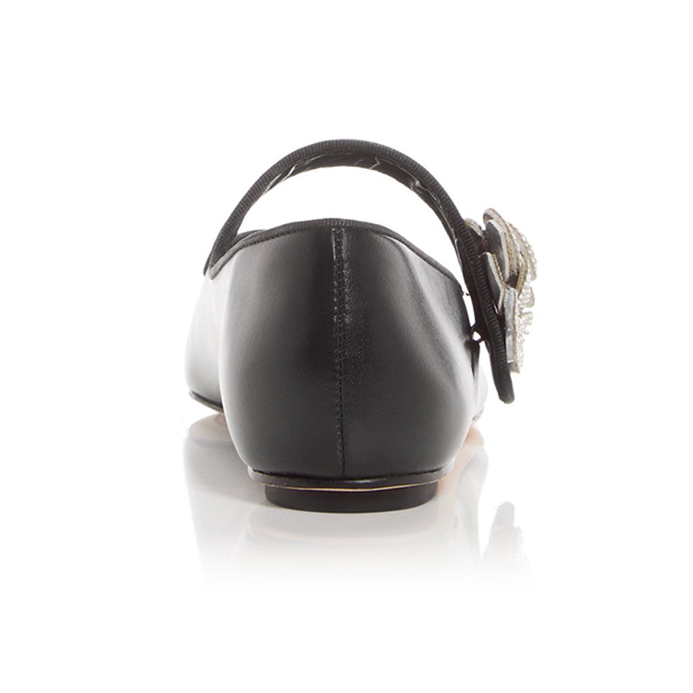 Black Square Toe Rhinestone Flower Strap Women's Dress Flats