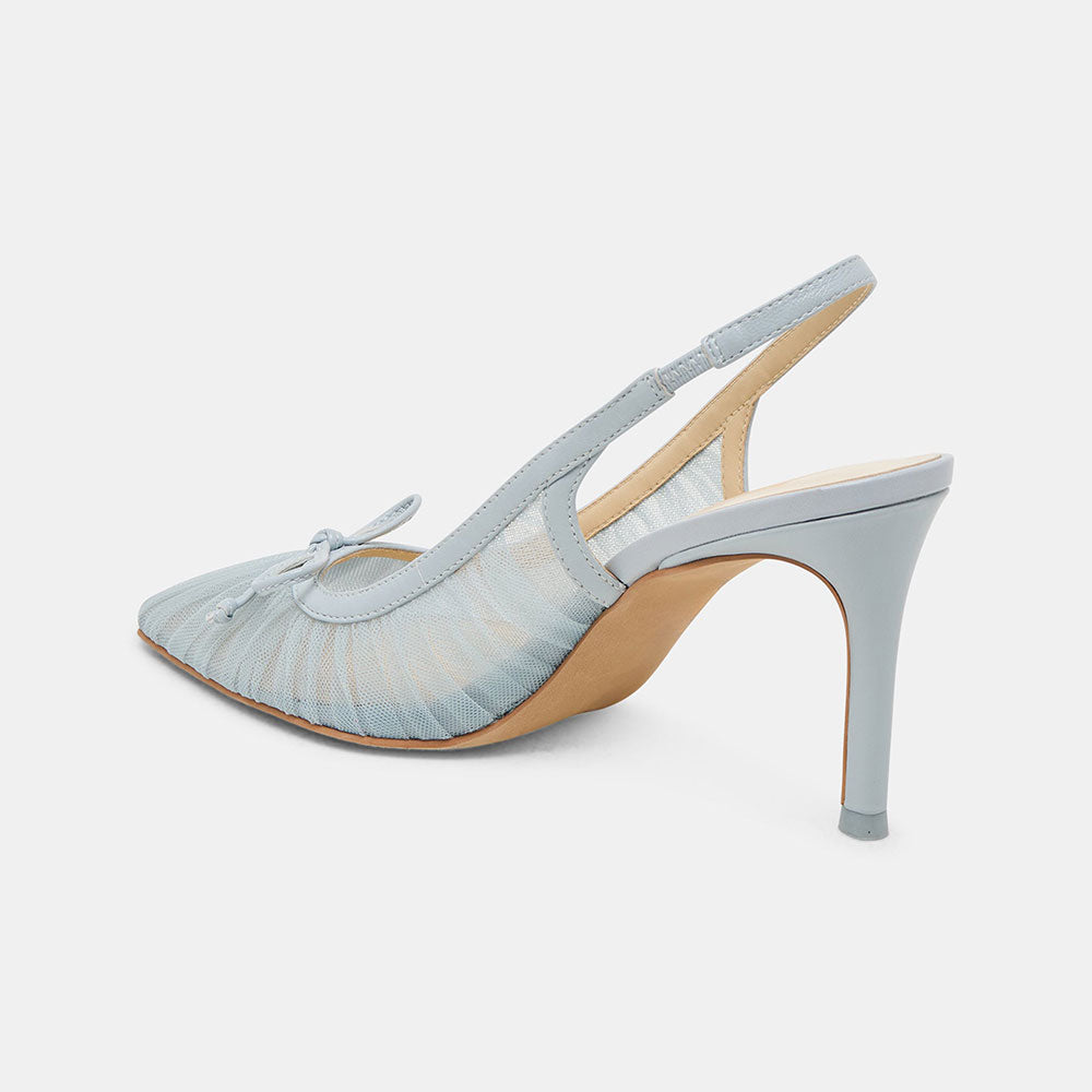 Light Blue Mesh Pleated Pointed Toe Bow Decor Slingback Heels