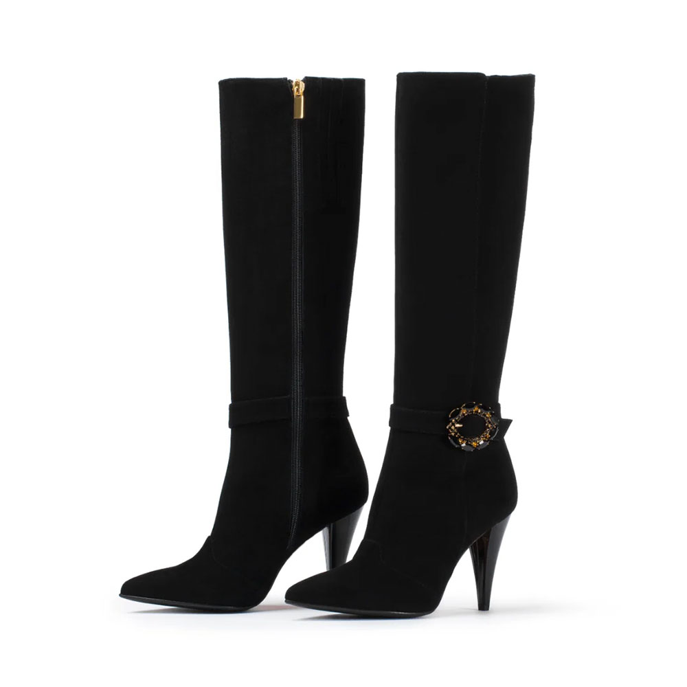Black Cone Heel Crystal Buckle Strap Vegan Suede Knee High Boots