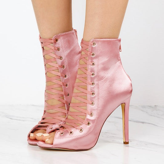 Women's Fashion Pink Satin Lace Up Peep Toe Heeled Ankle Boots