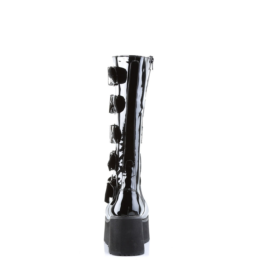 Black Patent Leather Round Toe Wedge Heel Platform Knee High Boots