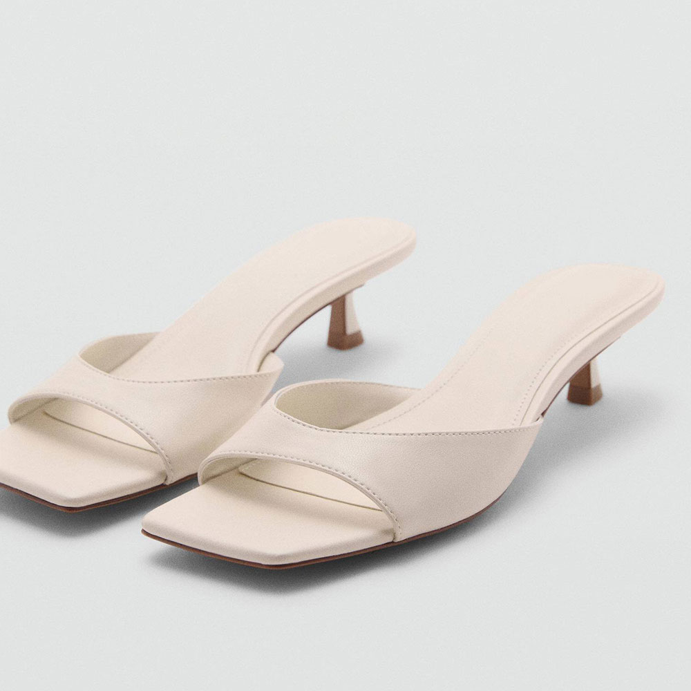 White Vegan Leather Square Toe Kitten Heel Sophisticated Mules