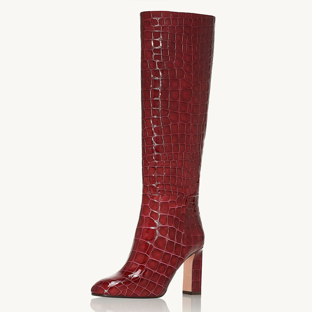 Brown Patent Leather Round Toe Chunky Heel Wide Calf Knee High Boots