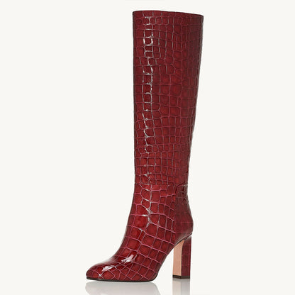 Brown Patent Leather Round Toe Chunky Heel Wide Calf Knee High Boots