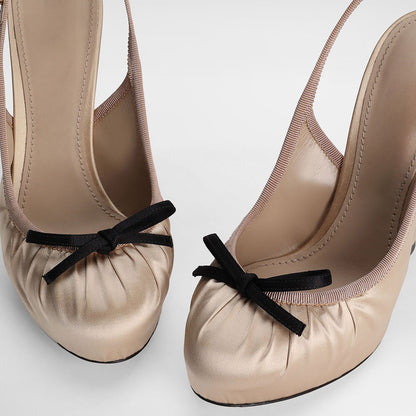 Beige Satin Pleated Chunky Heel Bow Slingback Pumps with Platform