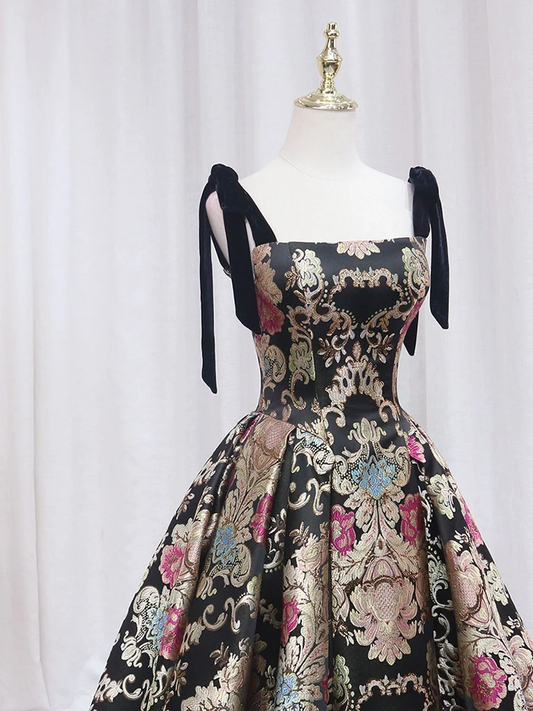 Vintage Floral Applique Spaghetti Strap Design A-line Satin Party Dress Homecoming Dress TP4074