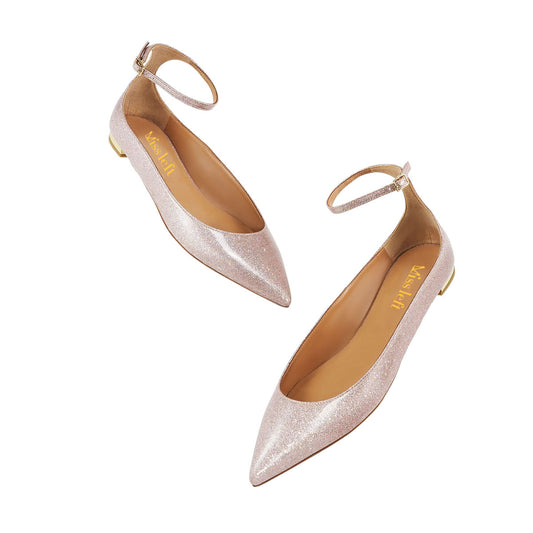 Pink Glitter Pointed Toe Women Dress Flats with Buckle Ankle Strap