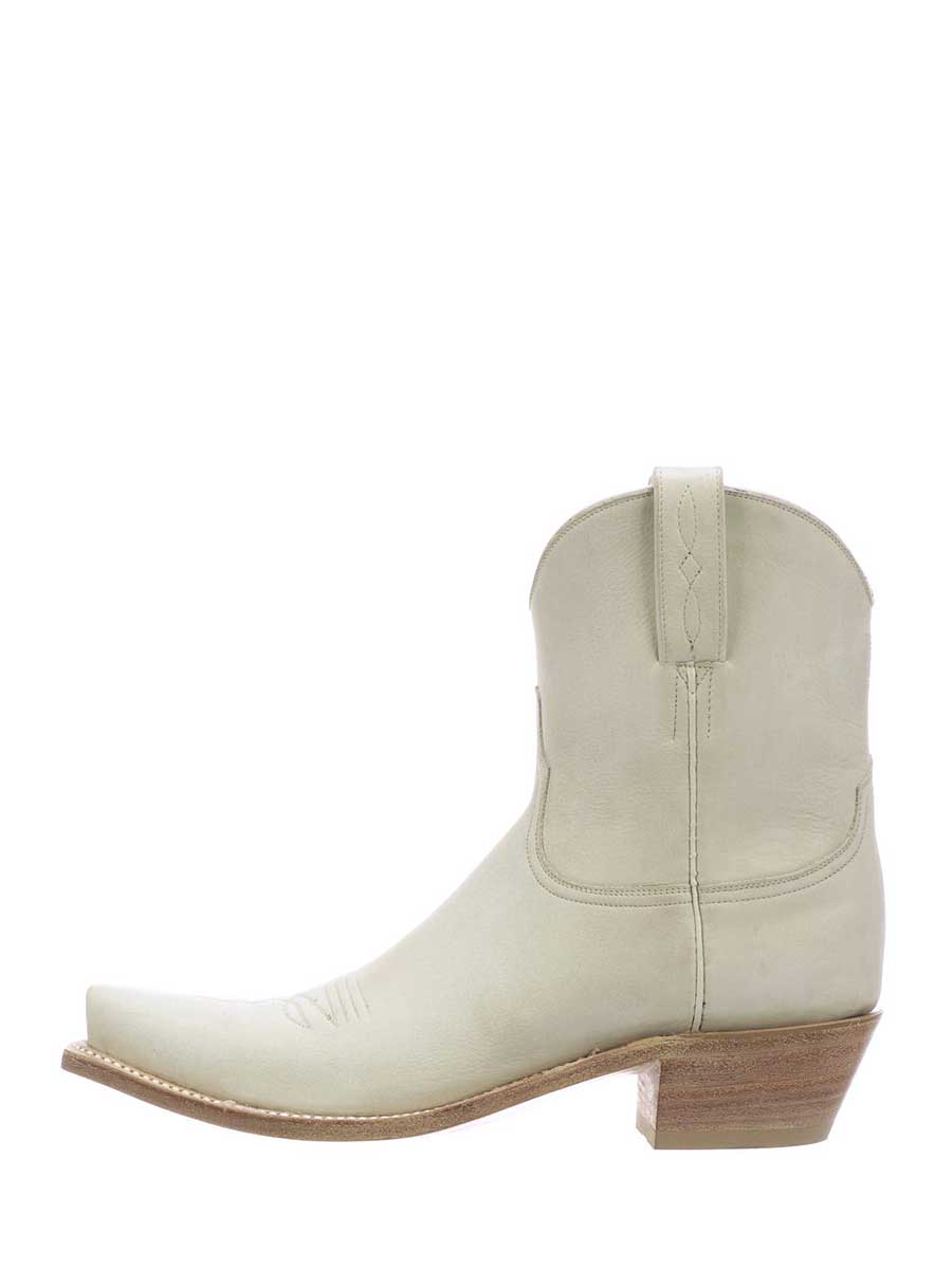 Beige Vegan Leather Snip Toe Block Heeled Cowgirl Ankle Boots