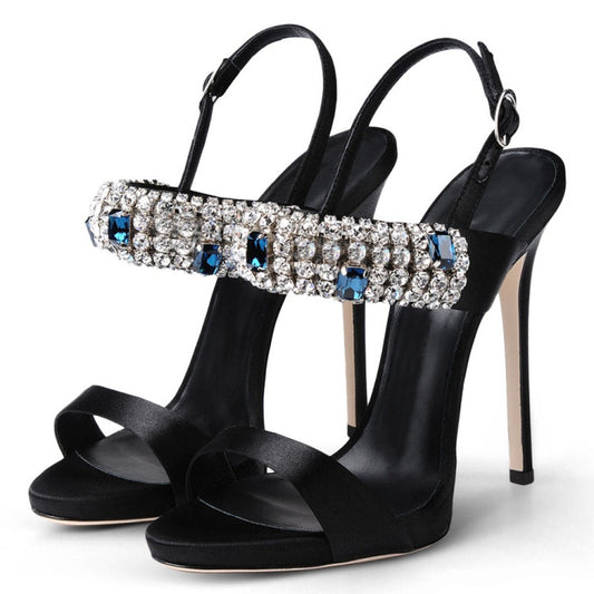 Black Satin Rhinestone Strap Slingback Heeled Sandals for Prom