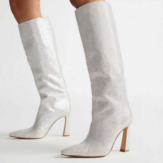 Silver Pointed Toe Flared Heel Rhinestone Wide-Calf Knee High Boots