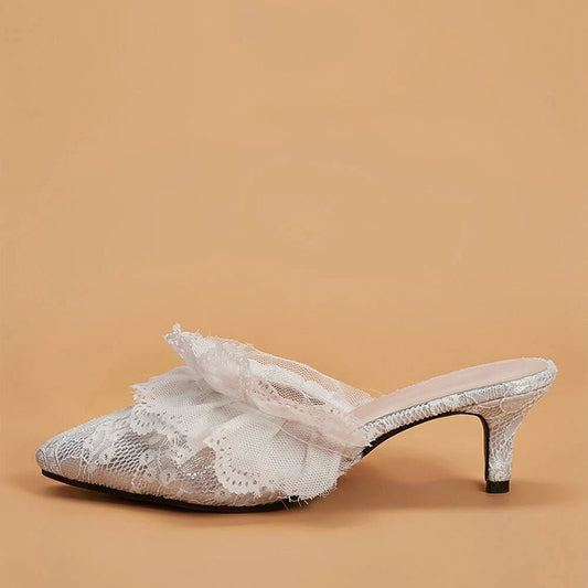 White Lace Mules Pointed Toe Wedding Shoes Low Heel by FSJ