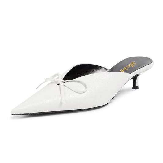 White Bow Tie Pointed Toe Kitten Heel Slip-On Mules for Women
