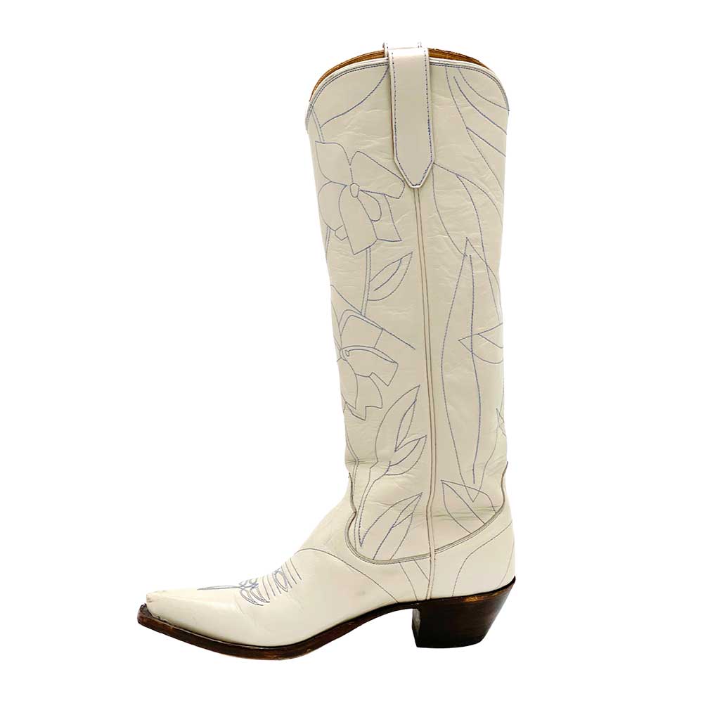 Beige Pointed Toe Yellow Floral Stitching Chunky Heel Knee High Boots
