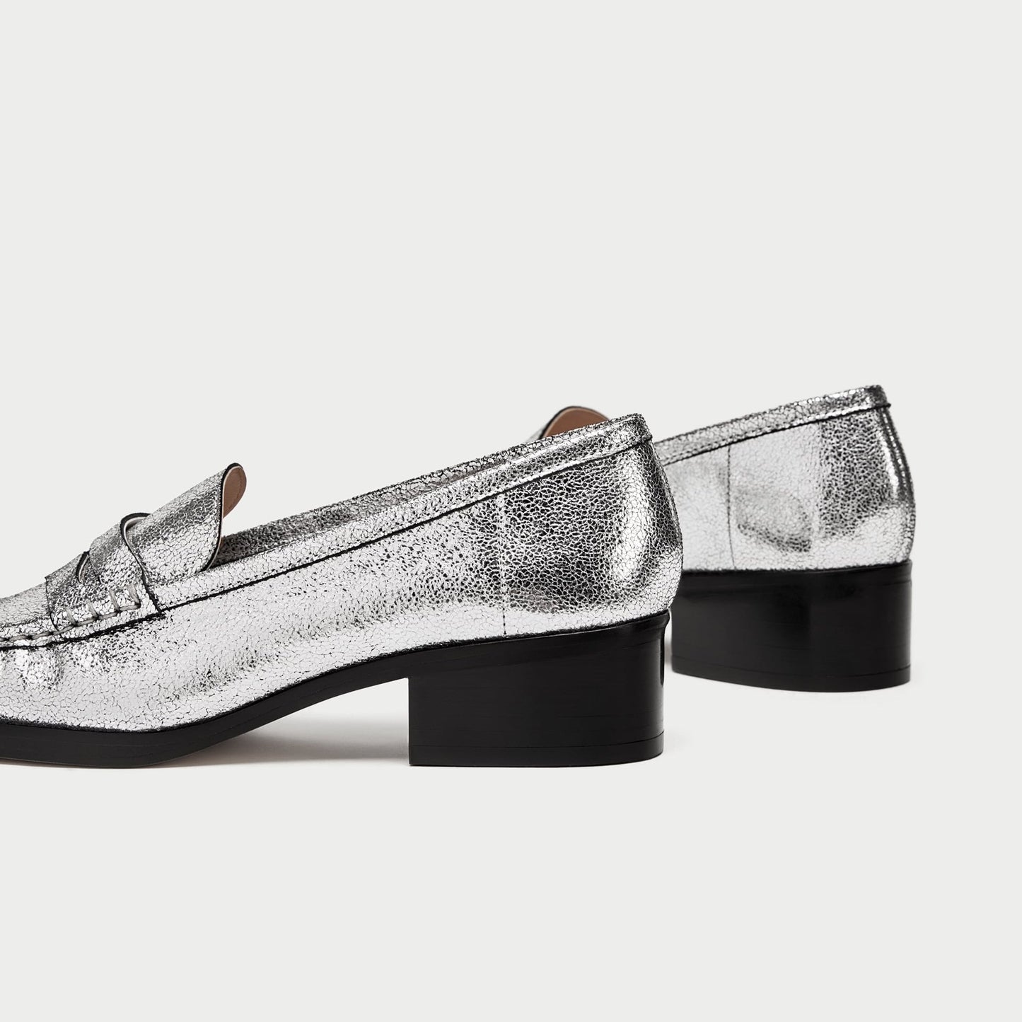 Silver Square Toe Low Heel Slip-On Penny Loafers for Women