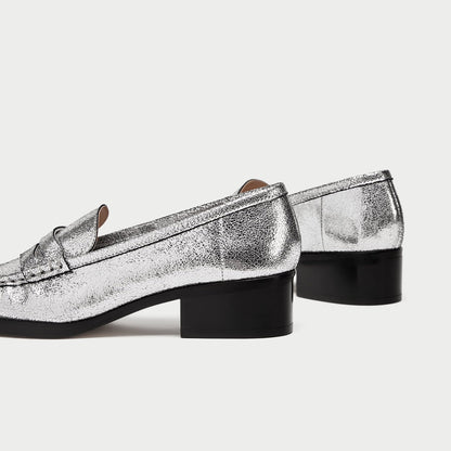 Silver Square Toe Low Heel Slip-On Penny Loafers for Women