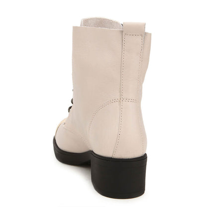 Women's Metal Round Toe Tie-Up Chunky Heel Ankle Boots in Beige