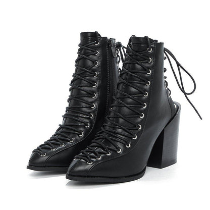 Black Faux Leather Chunky Heel Pointed Toe Lace Up Ankle Boots