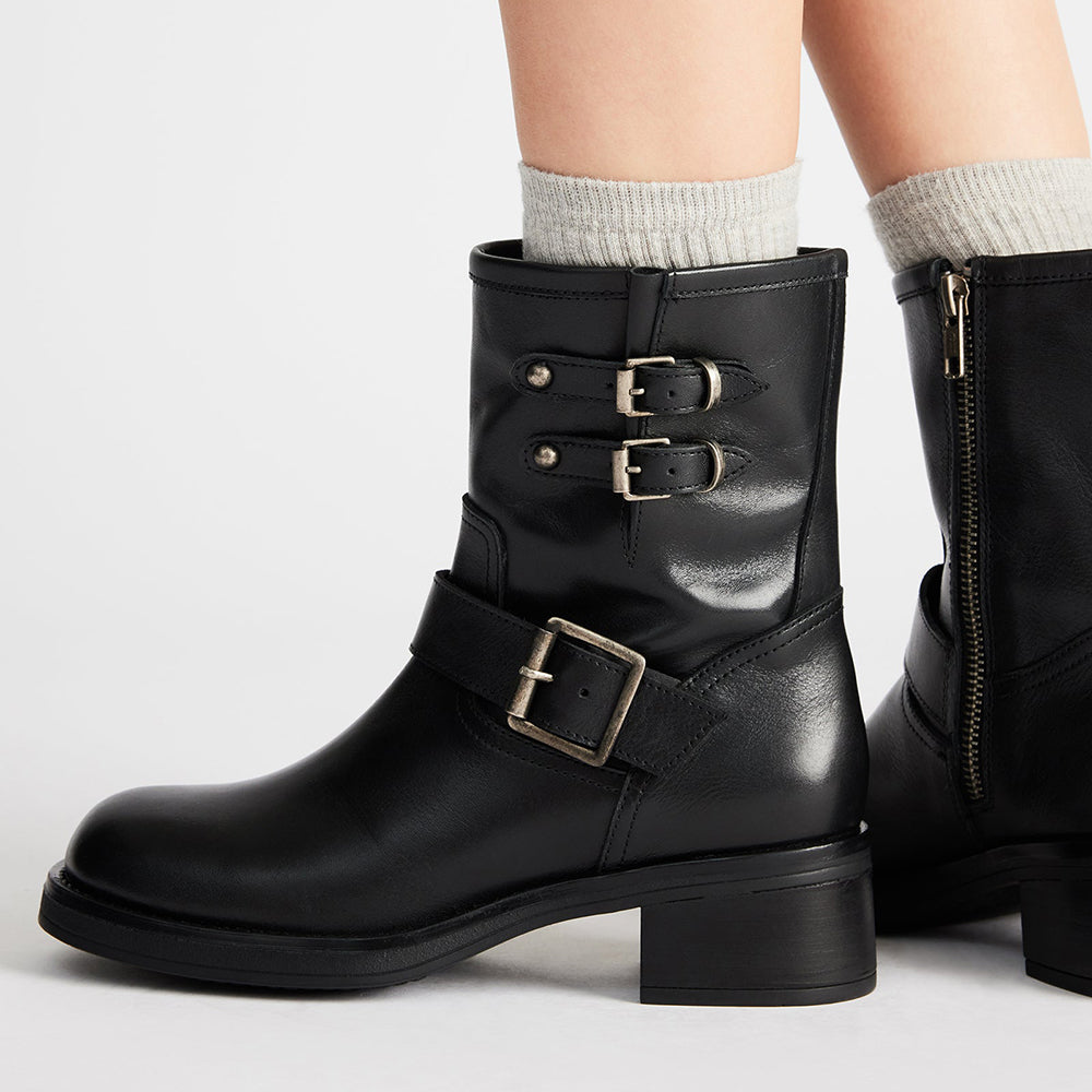 Black Round Toe Low Chunky Heel Buckled Ankle Boots