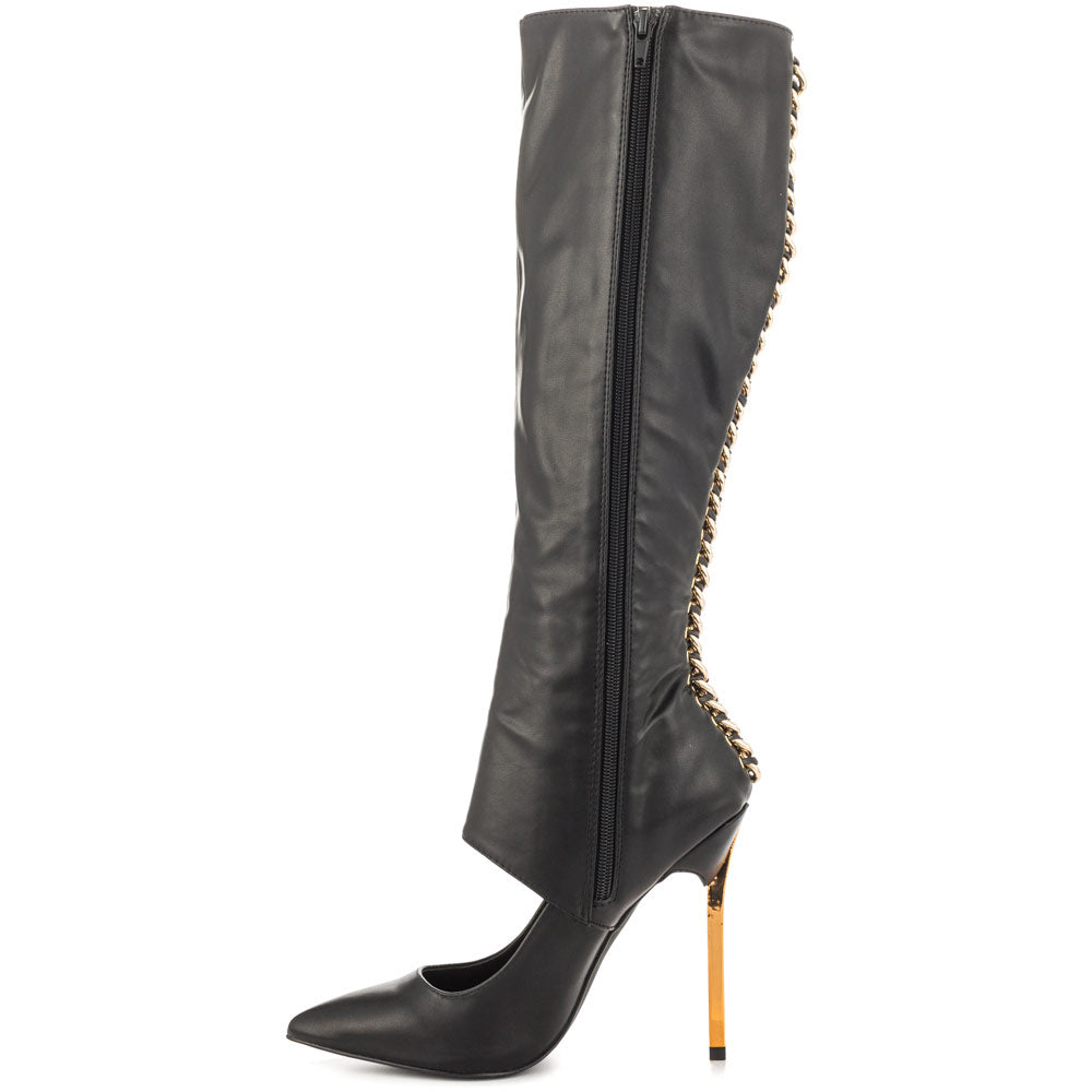 Black Sexy Cut Out Stiletto Heel Knee High Boots with Metal Chains
