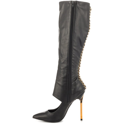 Black Sexy Cut Out Stiletto Heel Knee High Boots with Metal Chains
