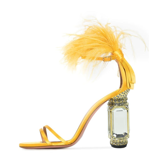 Yellow Satin Open Toe 4'' Decorative Heel Ankle Strap Sandals