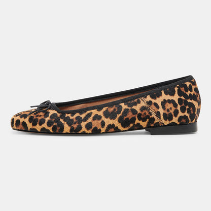 Brown Leopard Printed Square Toe Ballet Flats with Bow Strap