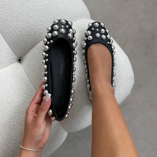 Black Vegan Leather Round Toe Flats with Silver Studs