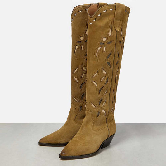 Brown Faux Suede Pointed Toe Cutout Shoes Chunky Heel Knee High Cowgirl Boots